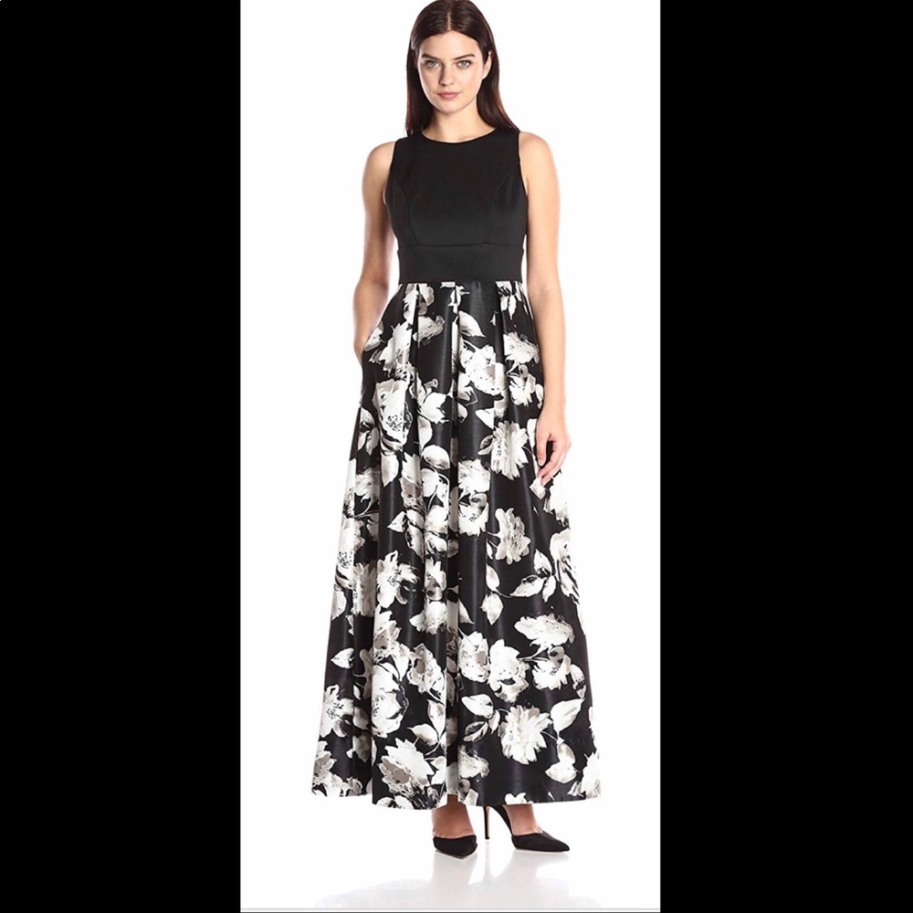 Black and white floral, floor length gown
